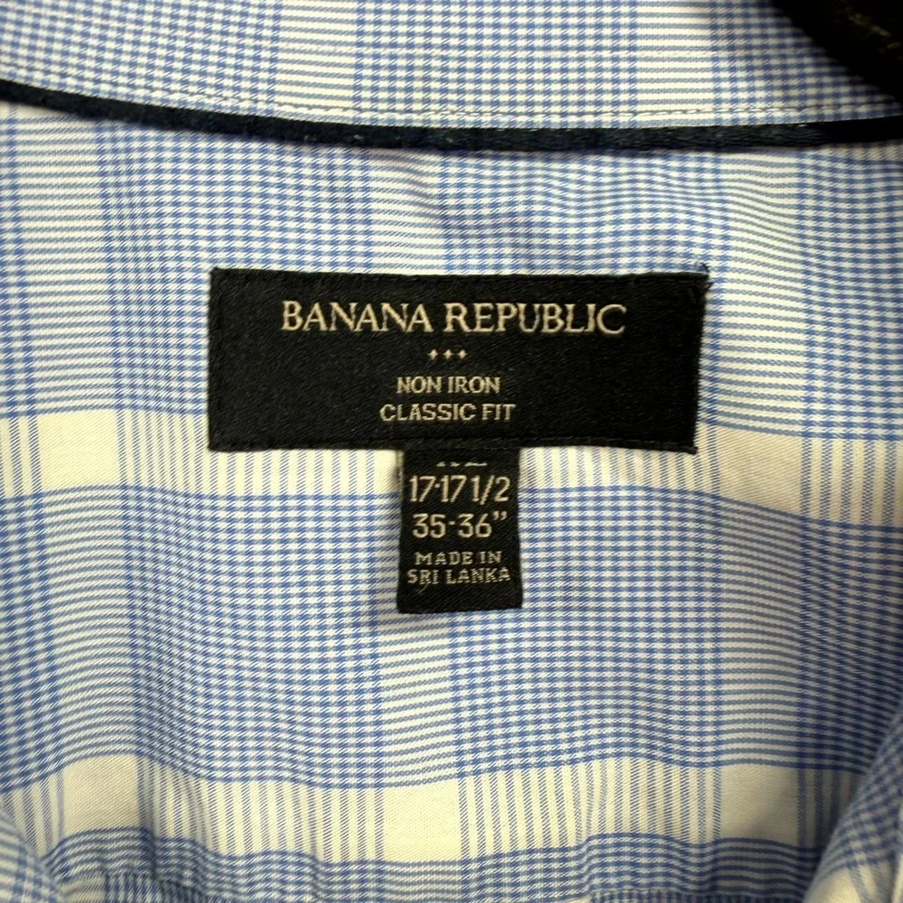 Banana Republic Dress Shirt Mens 17/17.5 Blue‎ White Plaid Non-Iron Classic Fit